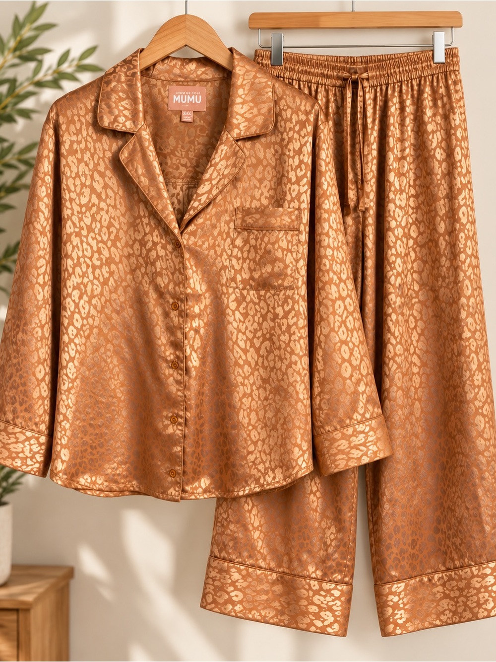 Show Me Your MuMu Champagne Gold Leopard Satin Pajama Set